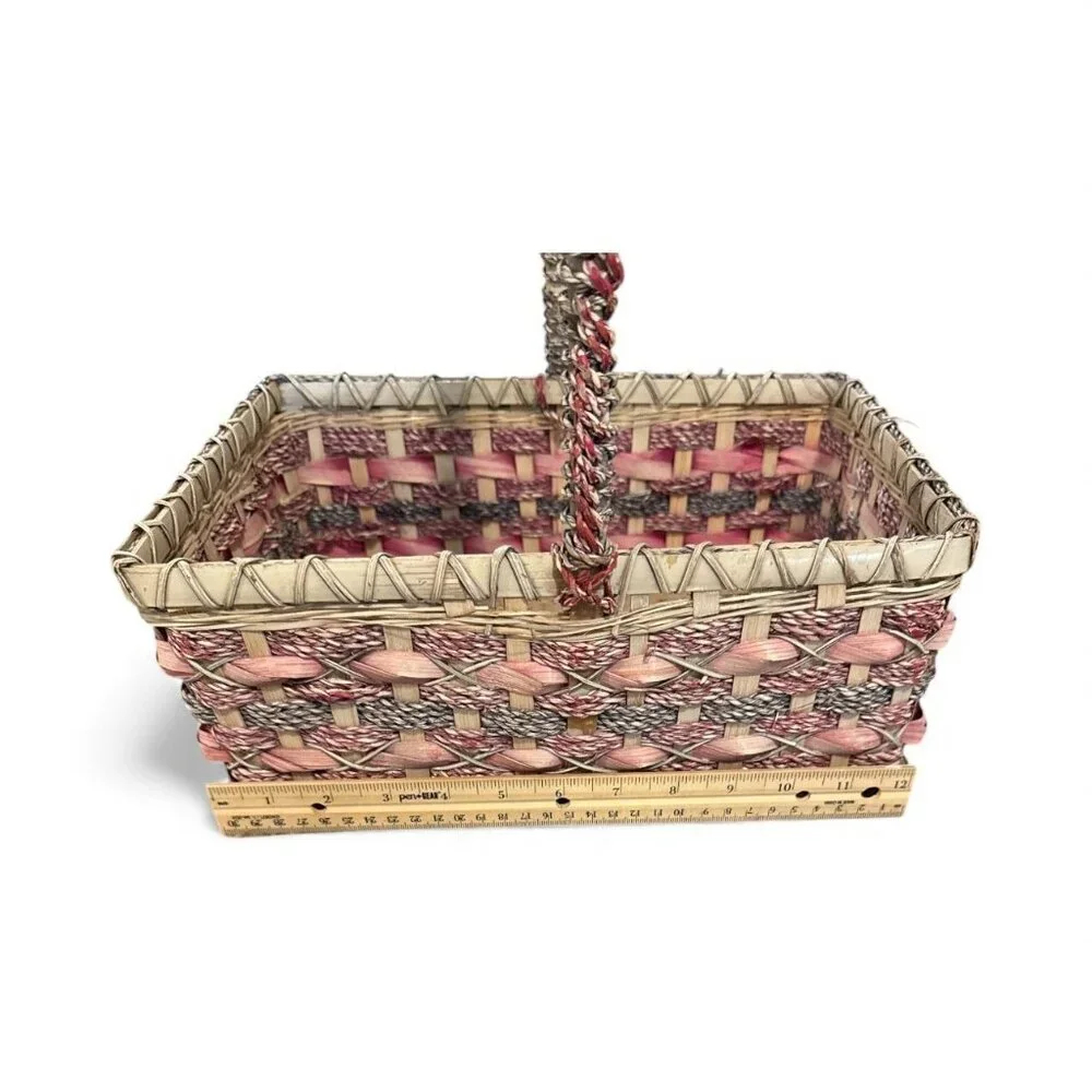 Woven Picnic Basket With Handle - Pink & Beige - 12